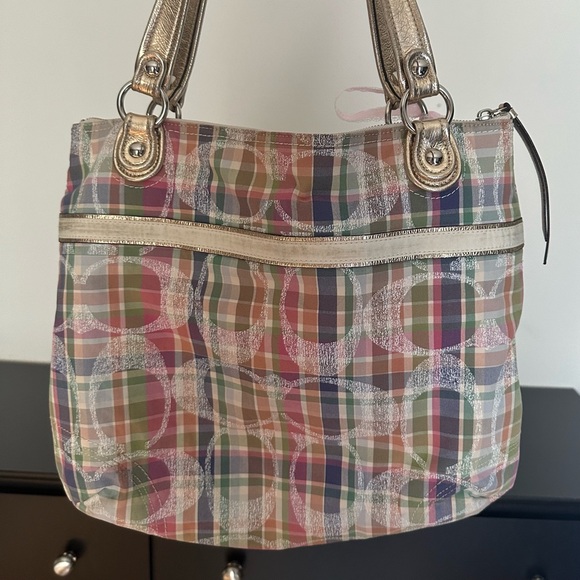 Coach Plaid Pastel Signature Tote with Gold Handles - Picture 3 of 8